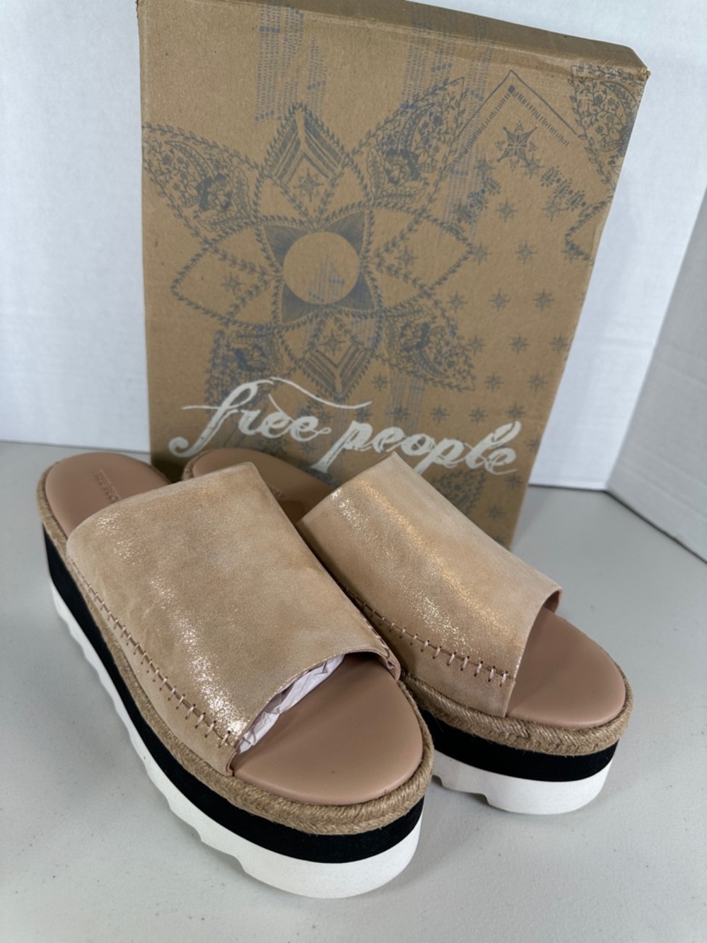 Free People Champagne Shimmer Platform Slide Mules